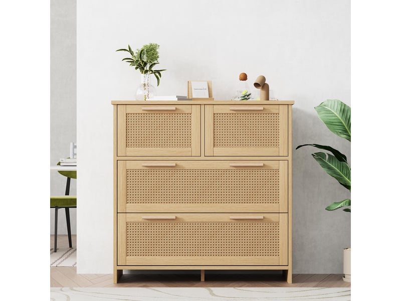  Commode 4 tiroirs cannage rotin - 80x38x80cm - meuble de rangement poignées bois - bois naturel  - Conforama C