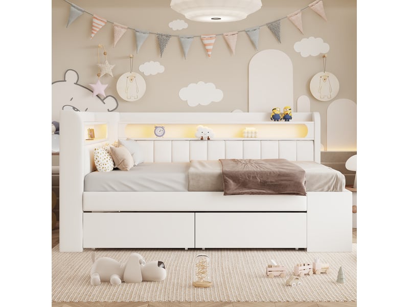 Lit avec rangement 90x200 cm blanc avec led, usb, 2 tiroirs et meuble à chaussures - Conforama E