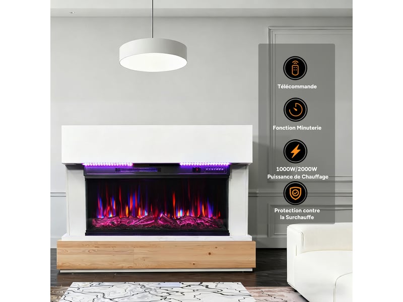  Homavo 36'' cheminée électrique, 10002000w, flamme 3d, bandeau led, télécommande, minuterie, sécutité surchauffe, meuble incluse  - Conforama D