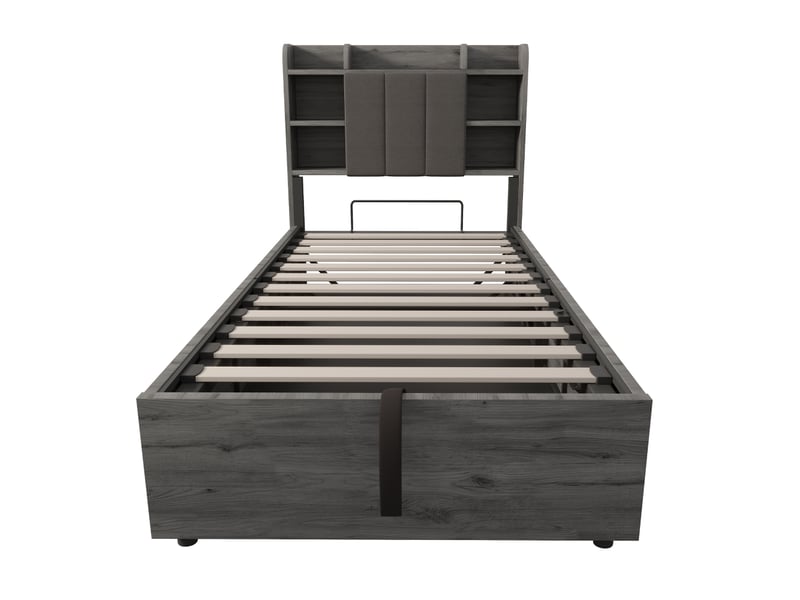  Lit en bois 90 x 200 cm, lit hydraulique, tête de lit avec espace de rangement, équipé de prises usb et tape-c, lit simple, lit enfant, gris (sans matelas)  - Conforama E