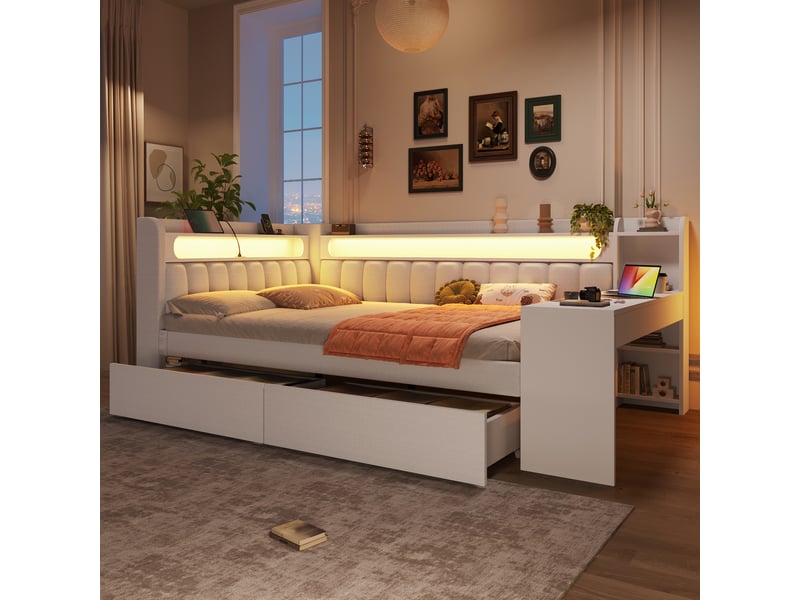  Lit plateforme 140x200 cm avec bureau, 2 tiroirs, led 7 couleurs, ports usb, tissu lin blanc, sans matelas  - Conforama B