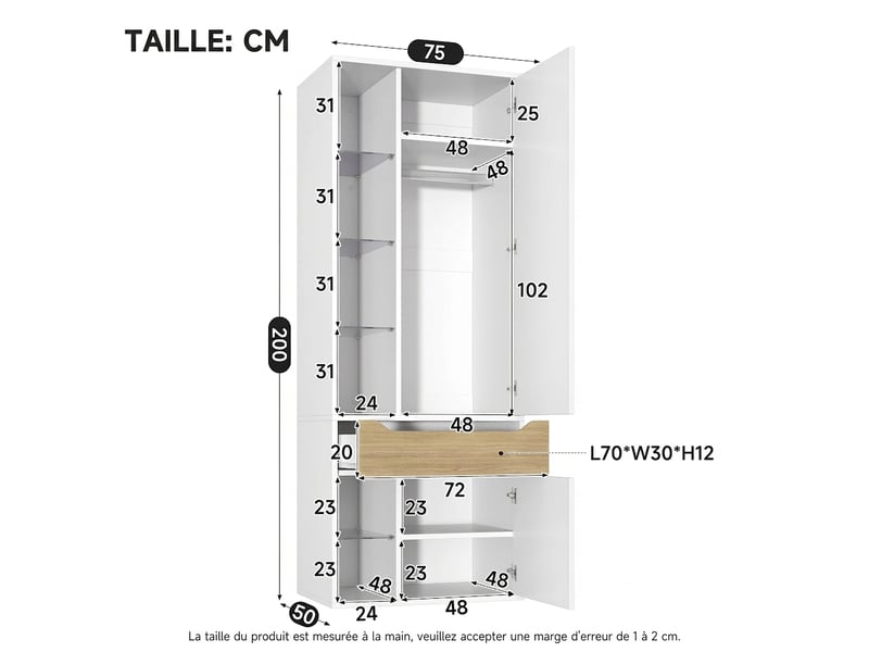 Armoire penderie blanche avec éclairage led et vitrine en verre 122x50x200 cm - Conforama W