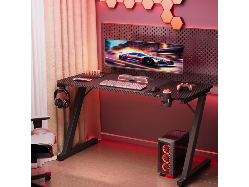  Bureau gaming 120 x 60 cm pour pc, table de jeu avec crochet casque, plateau effet fibre de carbone  - Conforama C