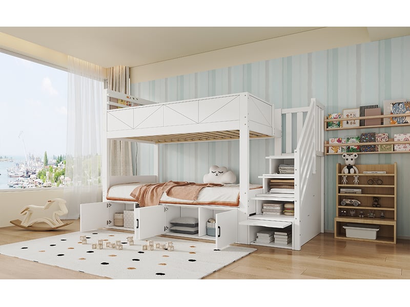  Lit superposé 90x200 cm blanc bois massif mdf avec escalier de rangement lit inférieur coffre barrière de sécurité haute étagère Sol Morn - Conforama E