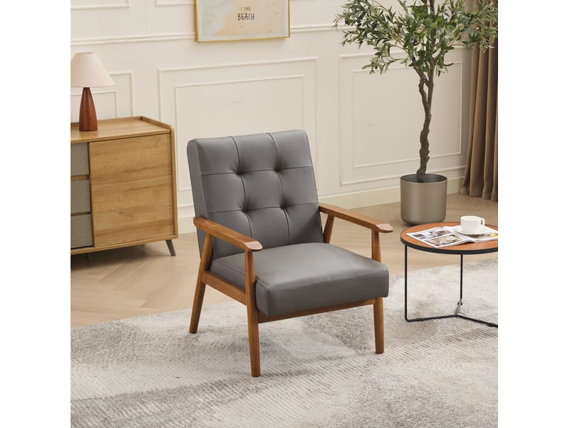  Fauteuil en cuir avec accoudoirs en bois et pieds en bois, style classique gris  - Conforama B