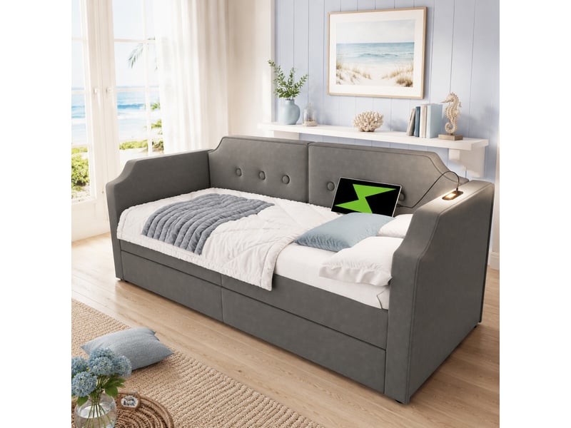  Lit banquette 90x200 cm en velours gris avec 2 tiroirs, usb type-c et liseuse  - Conforama C