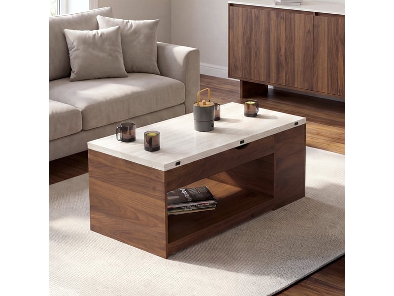 Table basse plateau relevable rectangulaire convertible en table à manger elea 100 cm effet noyer et plateau effet travertin - Conforama E