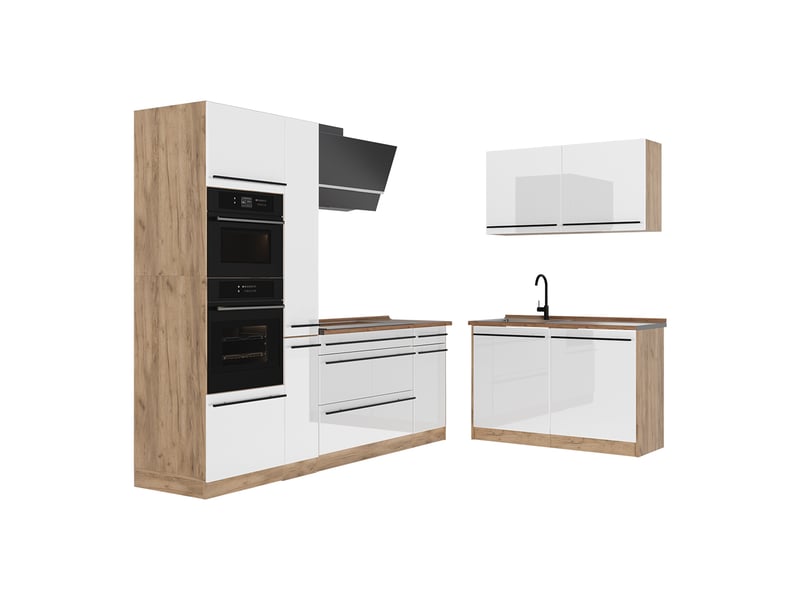 Vicco cuisine en angle, blanc haute brillancechêne doré, 230 x 120 cm plan de travail chêne doré - Conforama A