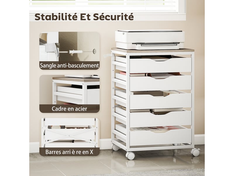  Caisson bureau mobile, meuble rangement sur roulettes bois avec 5 tiroirs, poignées encochées, 50 x 40 x 74,5 cm , blanc  - Conforama R