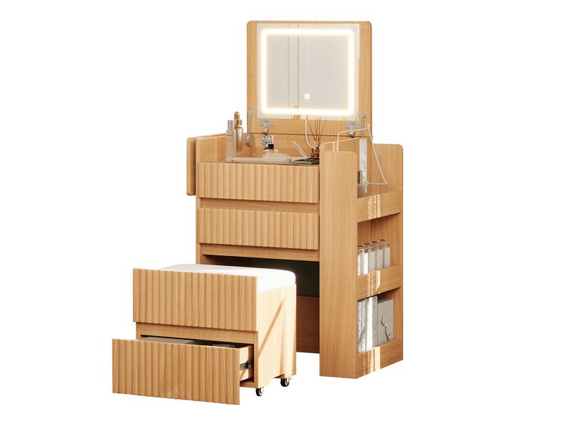  Coiffeuse led blanche avec miroir pliant, tiroirs, prise usb et tabouret à roulettes  - Conforama E