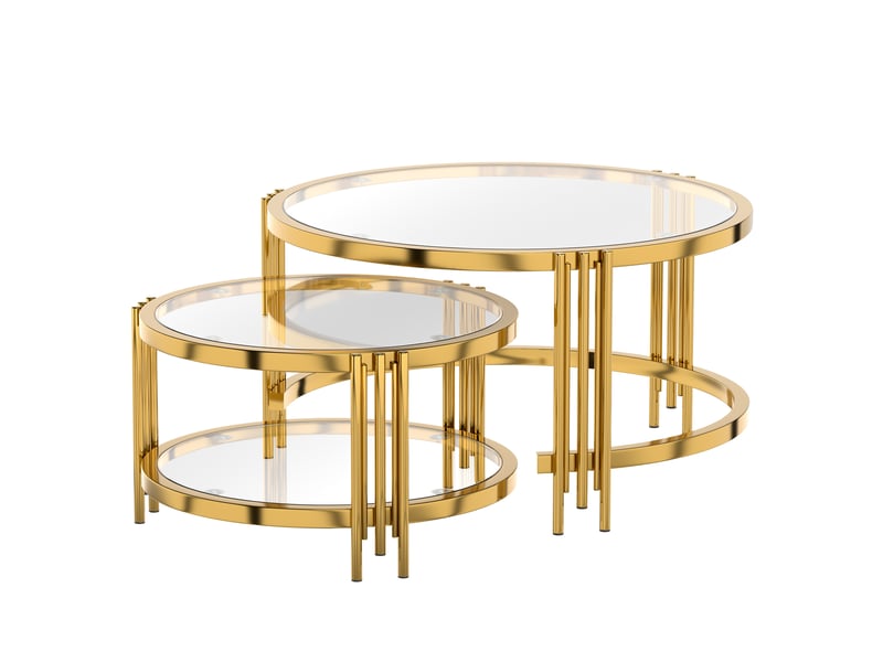  Lot de 2 tables basses gigognes 80×80×45 + 60×60×33,5 cm, plateau de table en verre, cadre en métal - doré + transparent  - Conforama E