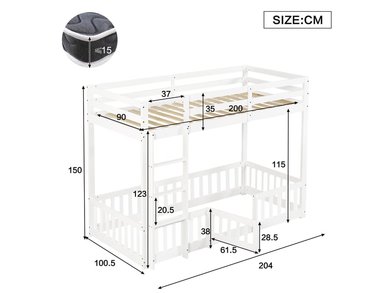  Lit superposé 90x200 cm avec échelle à angle droit, lit enfant avec barrières de sécurité et porte, lit simple en pin, blanc  - Conforama R