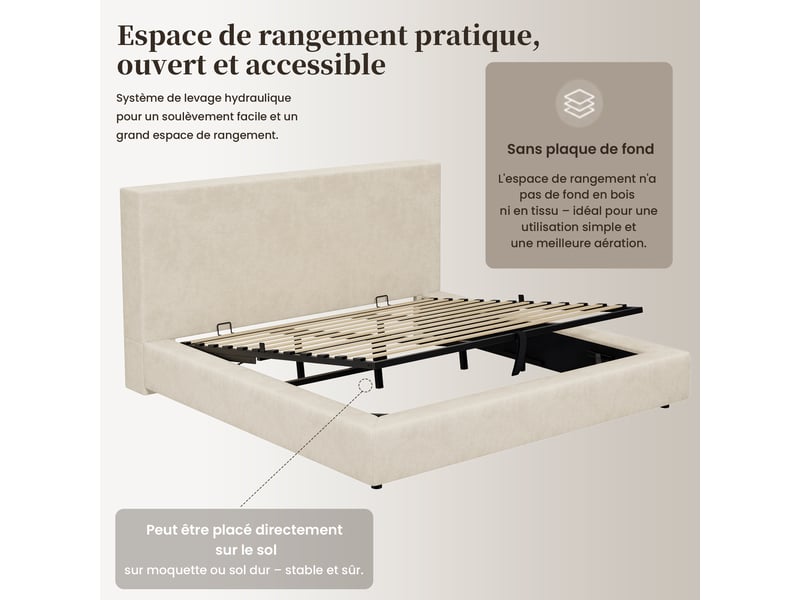  Lit capitonné, lit double, 180 x 200 cm, sommier à lattes, tête de lit rembourrée, chenille beige, réglable hydrauliquement, avec grand espace de rangement et tête de lit rembourrée.  - Conforama E