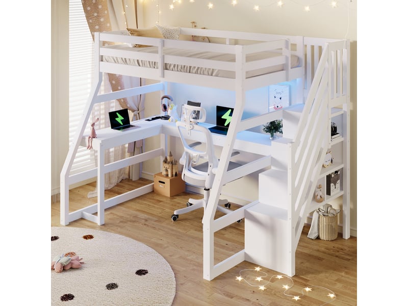  Lit mezzanine 90x200 cm blanc, avec bureau l, led, usb, escalier de rangement 3 compartiments, sommier inclus, sans matelas  - Conforama W