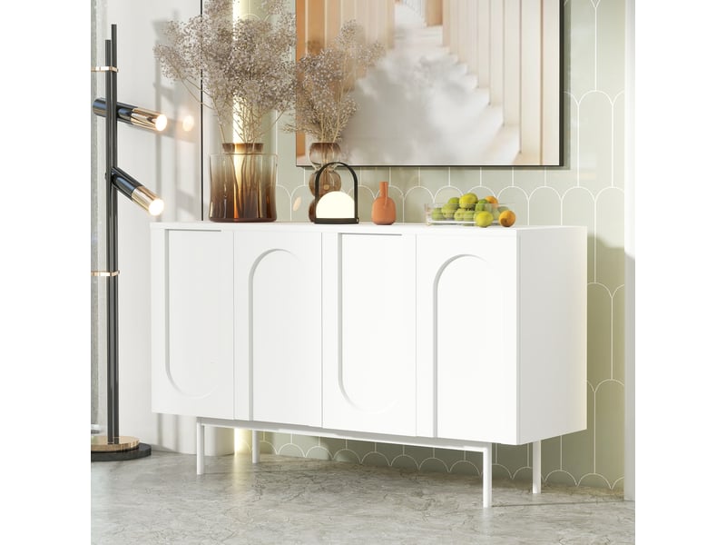  Buffet 4 portes à motifs arqués avec étagères réglables pour salon en mdf et métal blanc  - Conforama C