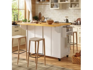 Îlot de cuisine mobile 140 x 73 x 93,5 cm – blanc – plateau extensible, 5 roues freinées, grand rangement