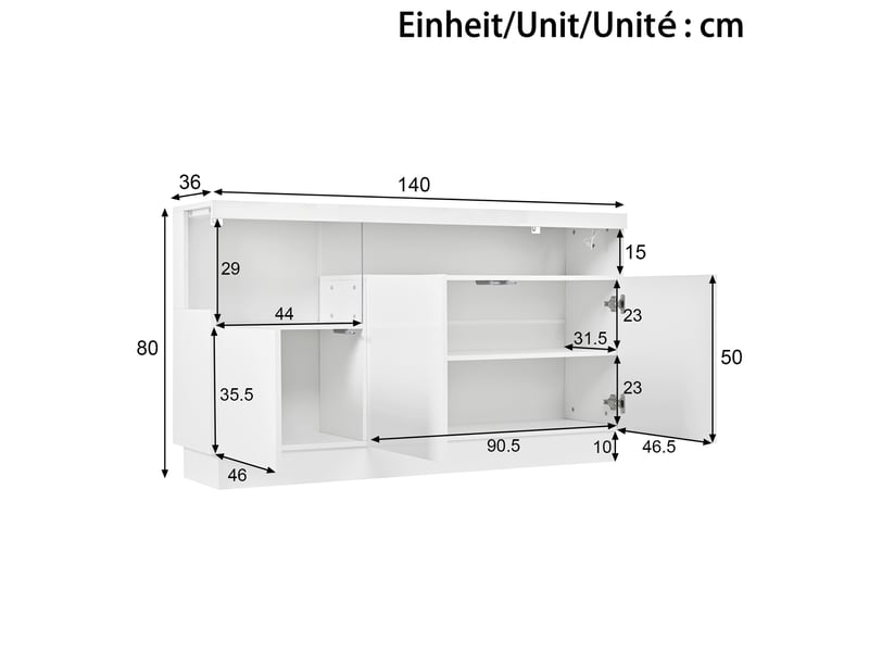  Buffet 140x36x80 cm avec éclairage led contrôlé par application, panneau de particules blanc  - Conforama E
