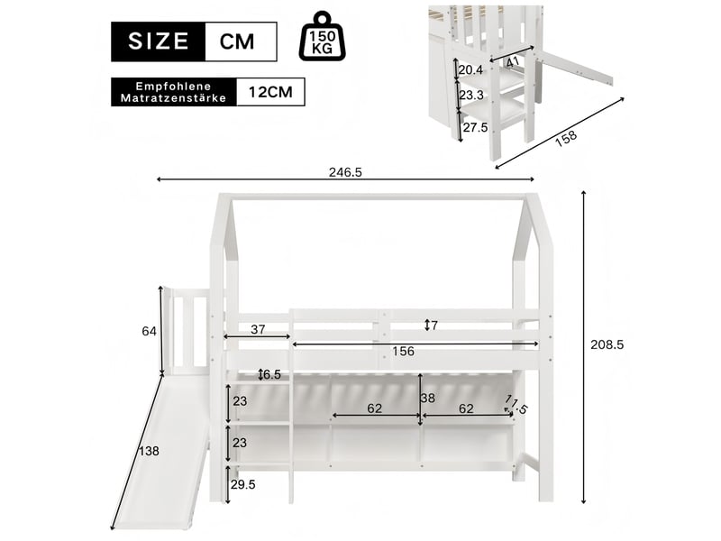 Lit mezzanine enfant 90x200 cm – blanc – toboggan, escalier et rangements intégrés – sans matelas - Conforama C