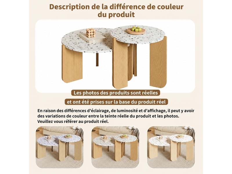  Ensemble de 2 tables basses rondes gigognes, motifs décoratifs blancs et bois naturel, ø 70 et 50 cm  - Conforama E
