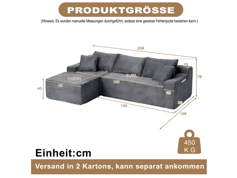  Canapé d’angle modulable gauche compressé 4 places en mousse et velours côtelé couleur gris, style moderne  - Conforama C