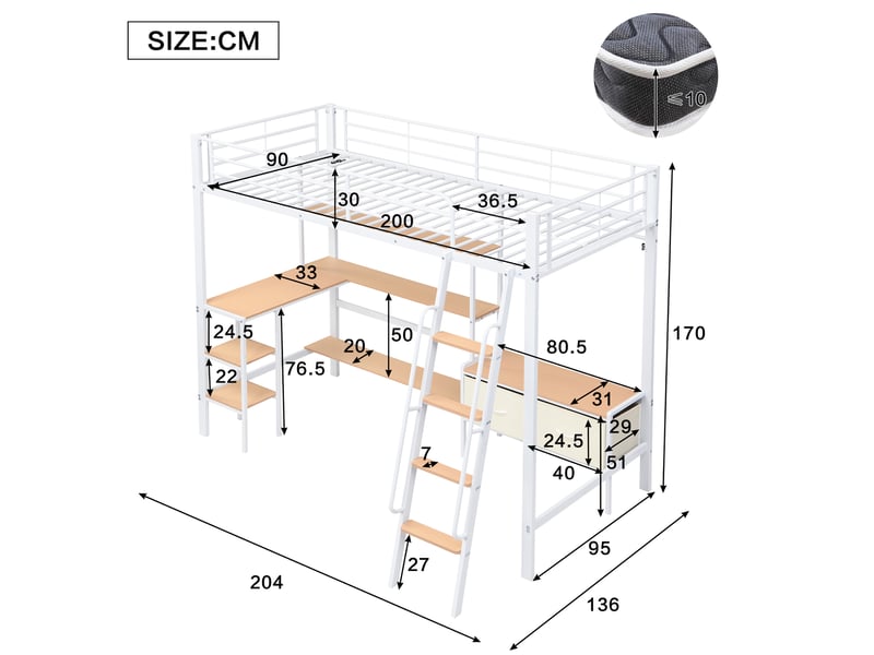  Lit mezzanine enfant 90 x 200 cm avec bureau, rangement et 2 boîtes en tissu  - Conforama C