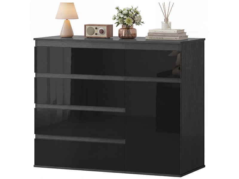 Buffet moderne, buffet de rangement avec 5 tiroirs, étagère réglable, porte à fermeture amortie, noir laqué brillant - Conforama B