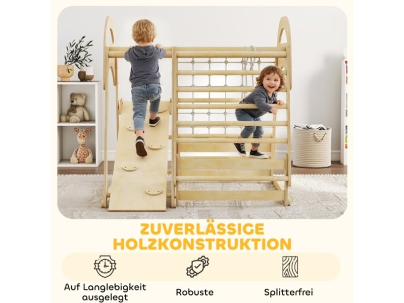  Structure d’escalade enfant 6 en 1 en bois, toboggan, mur, échelle, filet, barreaux, 3-6 ans  - Conforama B