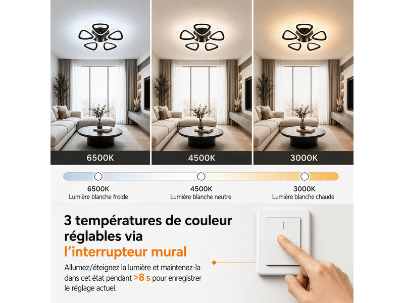  Plafonnier led fleur 5 branches en acrylique, d48 x h7 cm, lampe de plafond 35 w 1999 lm, noir sable, avec mémoire, salon, chambre, cuisine  - Conforama D