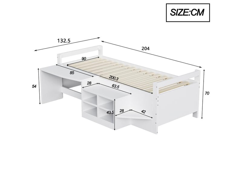 Lit enfant 90x200 cm bois massif, rangements intégrés, bureau avec prises usb et secteur, design pratique, blanc - Conforama D