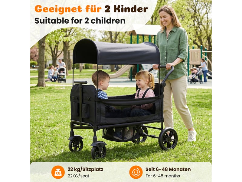  Chariot enfant pliable noir 2 places avec toit pare-soleil, plateau, poignée réglable, harnais 5 points et compact  - Conforama B