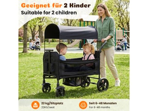 Chariot enfant pliable noir 2 places avec toit pare-soleil, plateau, poignée réglable, harnais 5 points et compact