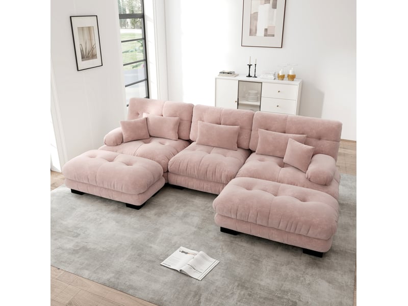  Canapé d'angle modulable 3 places en tissu rose, ottomans mobiles, convertible au confort enveloppant pour votre salon  - Conforama E