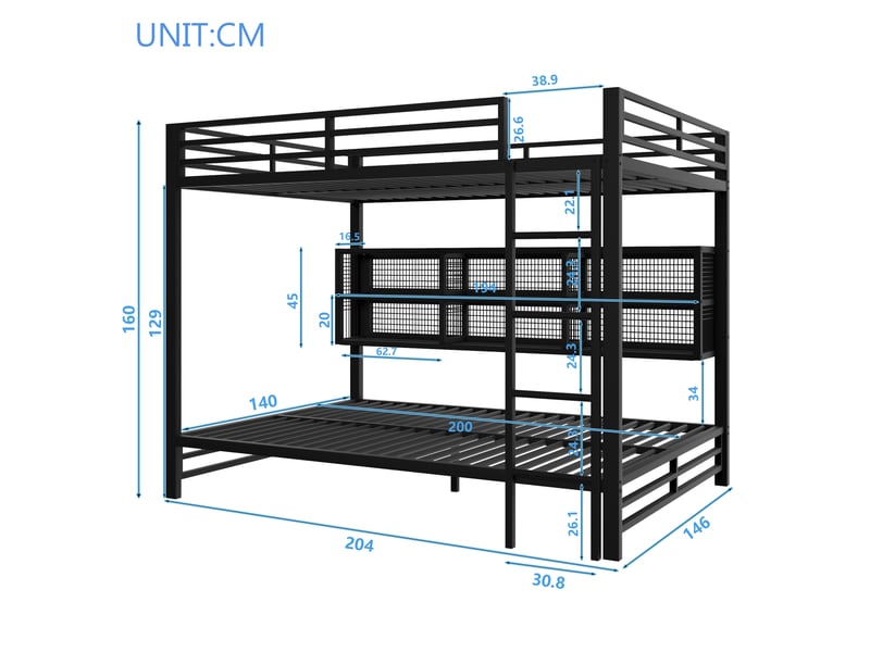  Lit superposé 140 x 200 cm, lit enfant à deux couchages, placard intégré, étagères ouvertes, éclairage led, barrières de sécurité, métal, noir Morn Vibe - Conforama C