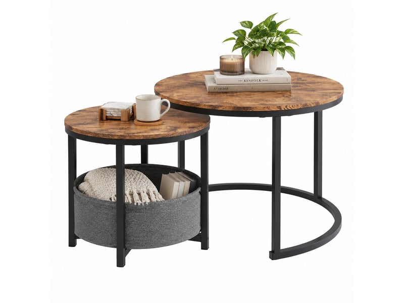  Lot de 2 tables basses rondes ø70 et ø50 cm en métal et panneaux de bois haute densité avec sac de rangement marron chicfurn  - Conforama A