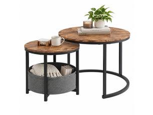 Lot de 2 tables basses rondes ø70 et ø50 cm en métal et panneaux de bois haute densité avec sac de rangement marron chicfurn