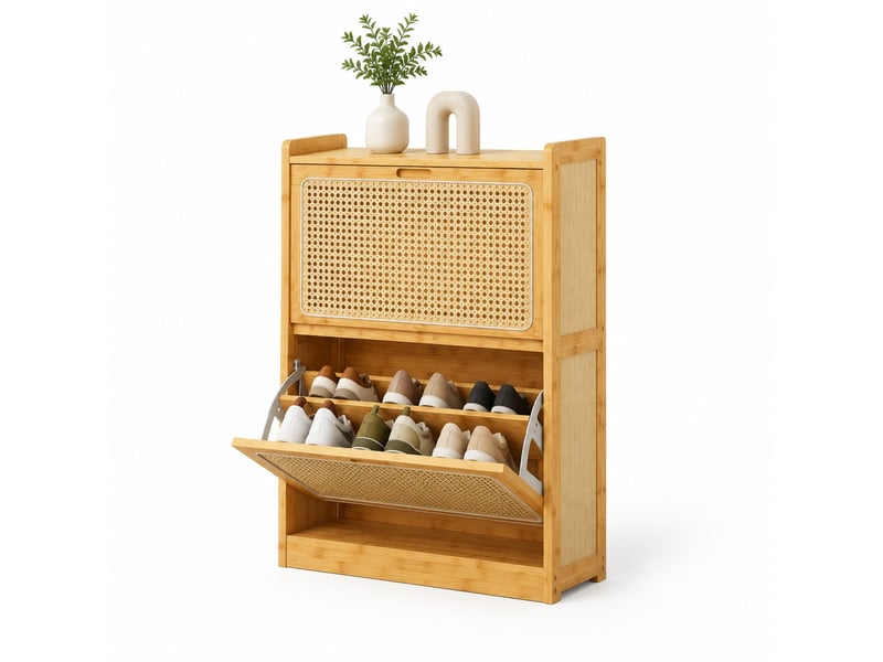  Meuble à chaussures 12 à 14 paires, 2 abattants réglables, bambou et rotin pe, naturel  - Conforama A