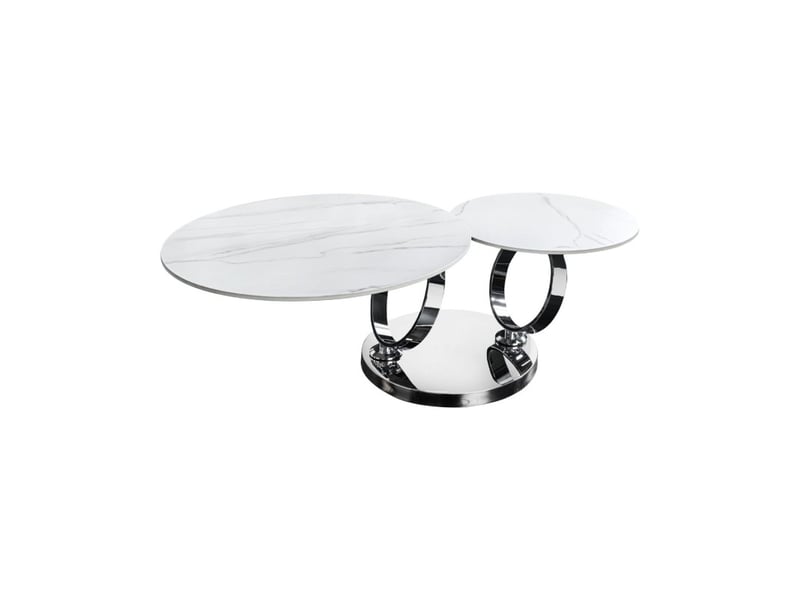  Table basse solyne 133 cm blanche effet marbre avec plateaux rotatifs et structure argentée  - Conforama A