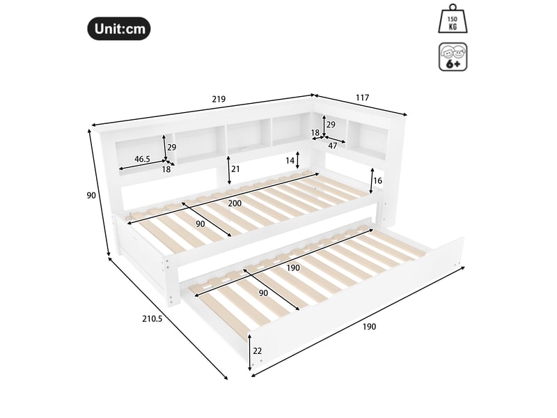  Lit banquette 90x200 avec lit gigogne extensible, ports usb et rangements, structure en bois, blanc  - Conforama C