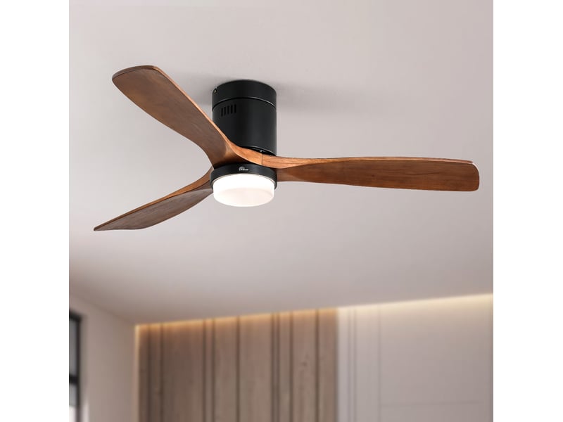  Ventilateur de plafond 132 cm noir avec éclairage led, télécommande et 3 pales en bois  - Conforama B
