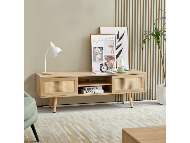  Meuble tv avec 2 portes coulissantes en rotin, 3 étagères réglables et pieds en bois pour salon, 140 × 40 × 45 cm  - Conforama C
