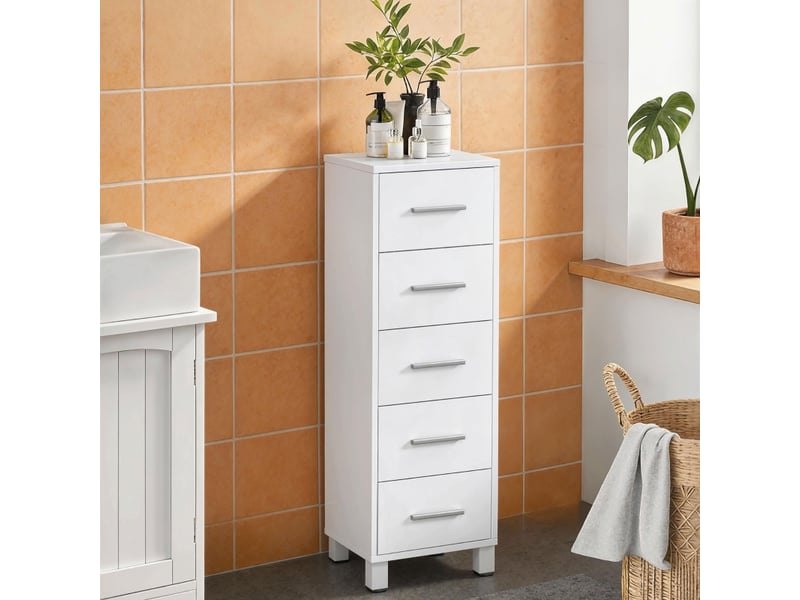  Meuble de salle de bain étroit à 5 tiroirs, unité de rangement compacte, 30 x 30 x 95 cm, blanc  - Conforama B