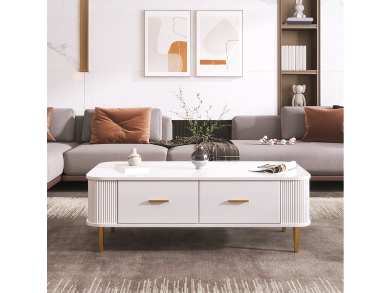  Table basse 105x51x38 cm avec 4 tiroirs en mdf blanc, détails dorés  - Conforama C