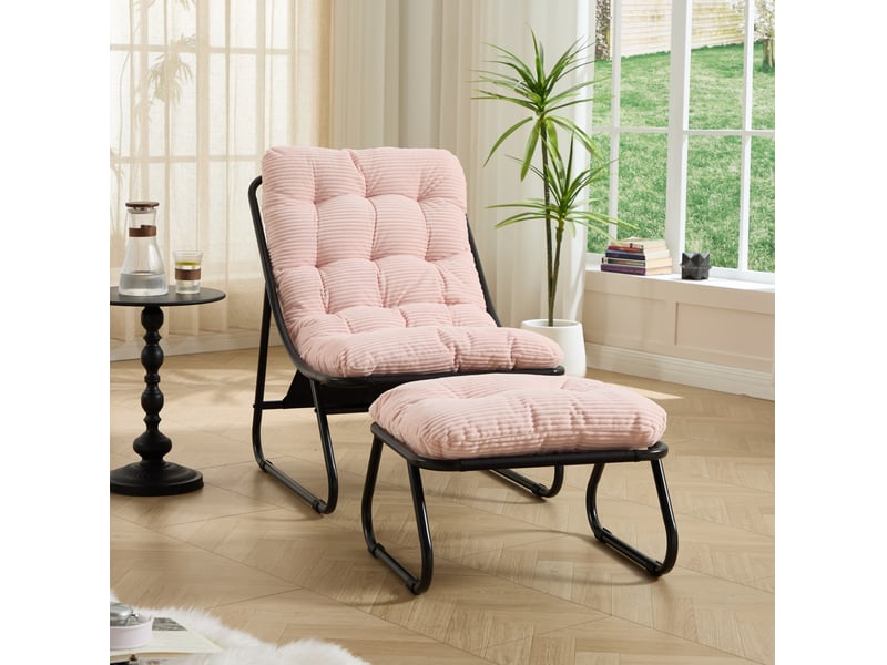  Fauteuil de jardin avec repose-pieds en velours côtelé rose, structure acier noir, pour intérieur et extérieur  - Conforama E