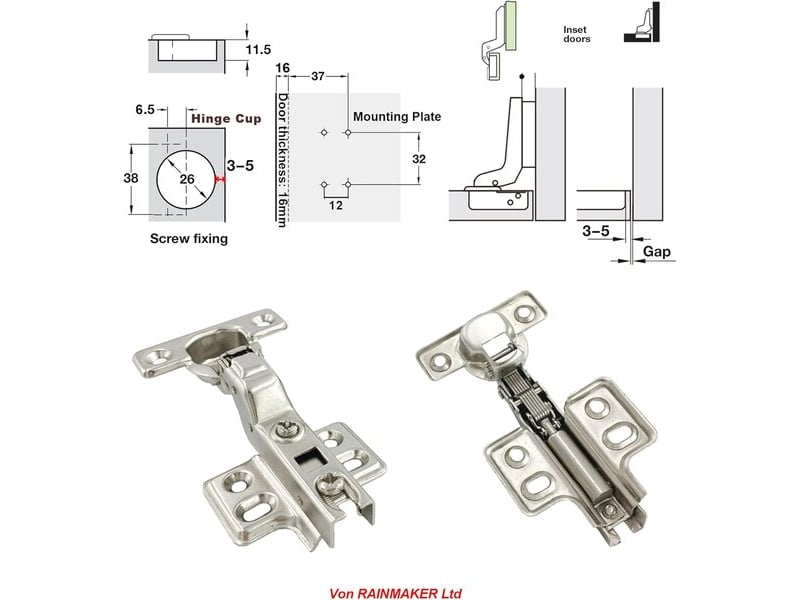  Pack de 4 charnières hydrauliques mini automatiques de 90 degrés de 26 mm, charnières à fermeture douce pour les portes de cuisine  - Conforama D