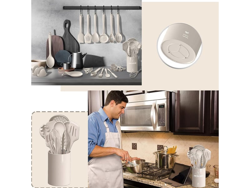  Set d'ustensiles de cuisine 43 pièces en silicone avec rangement beige chicfurn  - Conforama R