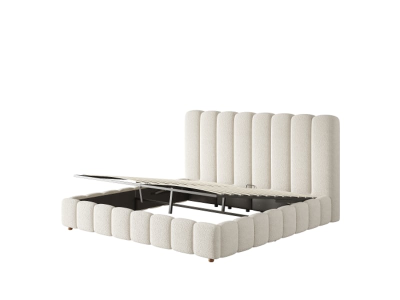 Lit double 160x200 avec coffre hydraulique, sommier à lattes, tête de lit capitonnée blanche en bouclé, grand rangement - Conforama E