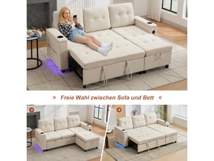Canapé d'angle convertible, canapé 3 places beige avec coffre de rangement, lit d'appoint avec led et ports usb pour salon moderne
