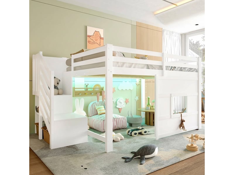 Lit mezzanine 140x200 avec escalier de rangement et fenêtre, bois massif, blanc - Conforama C