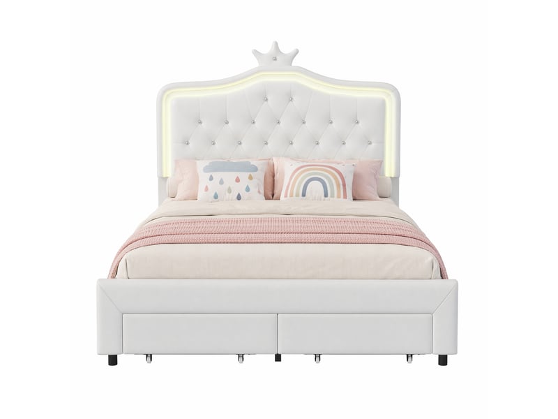 Lit double 140x200 cm avec 2 tiroirs, lit en pu blanc avec tête de lit en forme de couronne réglable et éclairage led, structure de lit avec sommier à lattes  - Conforama A