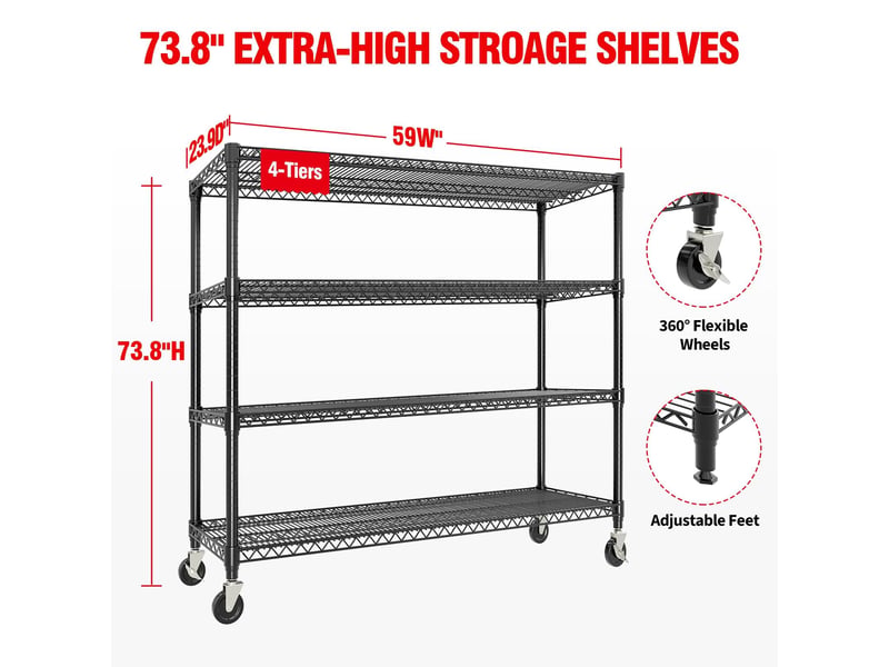 Rayonnage étagère métallique roulante ultra-résistante – rangement lourd garage, cuisine, cave, bureau, entrepôt 150x60x188cm PHK_3ACPDG5W - Conforama E